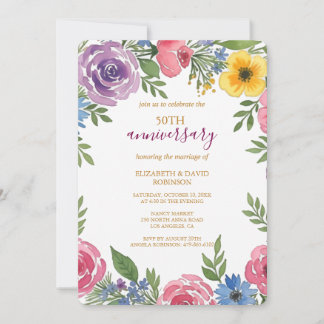Invitation renouvellement de la fleur d'aquarelle 50e anniver