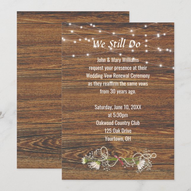 Invitation Renouvellement de la Vow en bois et en corde légèr (Devant / Derrière)
