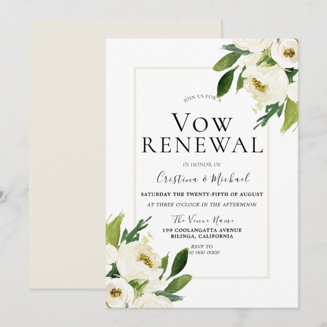 Invitation Renouvellement de vœux Crème Fleurale Rose Blanche (Devant / Derrière)