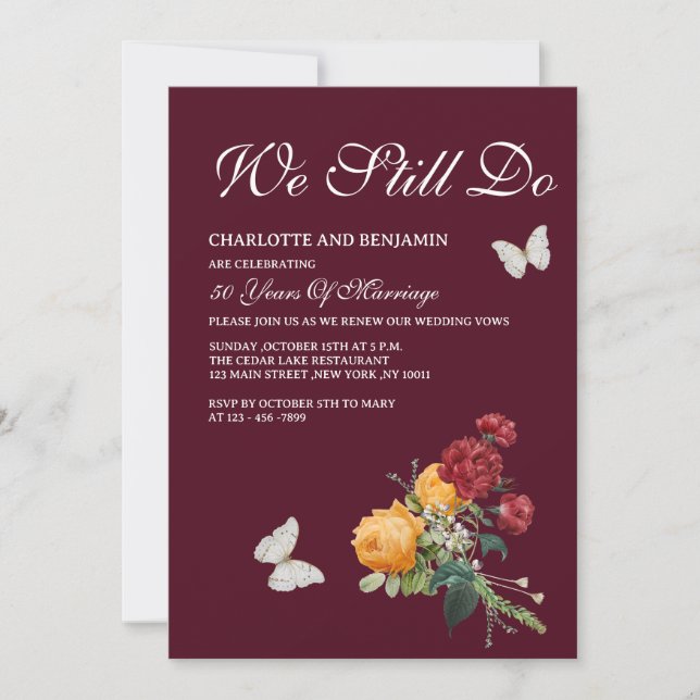 Invitation Renouvellement de Voeux de Roses Jaunes Rouges Vin (Devant)