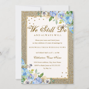 Invitation Renouvellement de Vœux Floral Bleu Or Éclat Annive