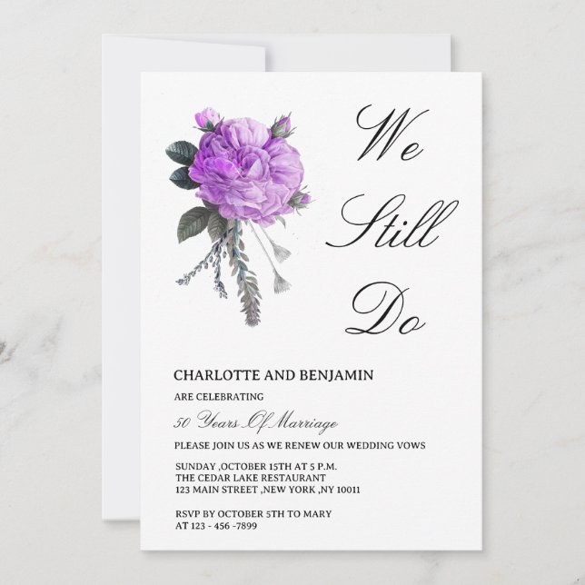 Invitation Renouvellement de Vœux Rose et Pivoine Violette Ru (Devant)