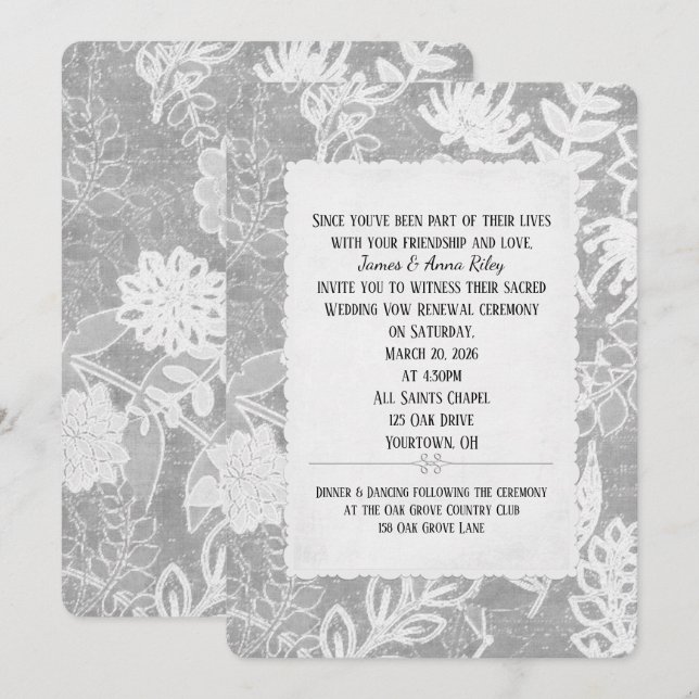 Invitation Renouvellement de Vow Mariage Floral Argent (Devant / Derrière)