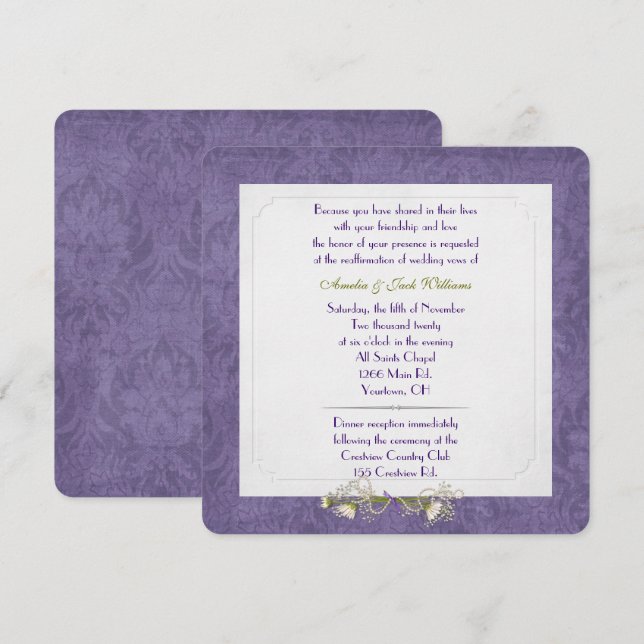 Invitation Renouvellement du Vow mariage de cadre pourpre Dam (Devant / Derrière)