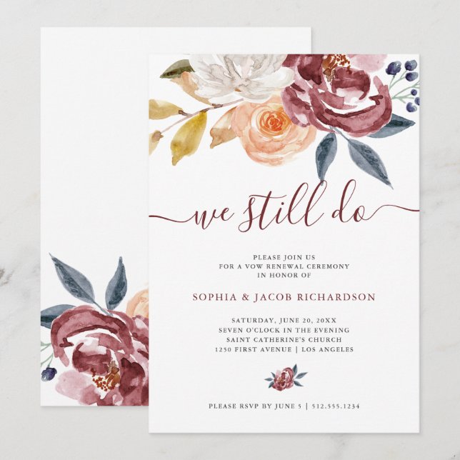 Invitation Renouvellement floral de voeu de mariage de (Devant / Derrière)