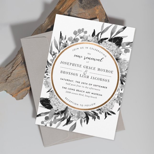 Invitation Renouvellement moderne du Vow Floral noir et blanc (Créateur téléchargé)