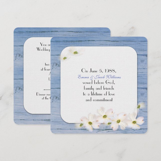 Invitation renouvellement vow- bois bleu avec bouquet floral  (Devant / Derrière)