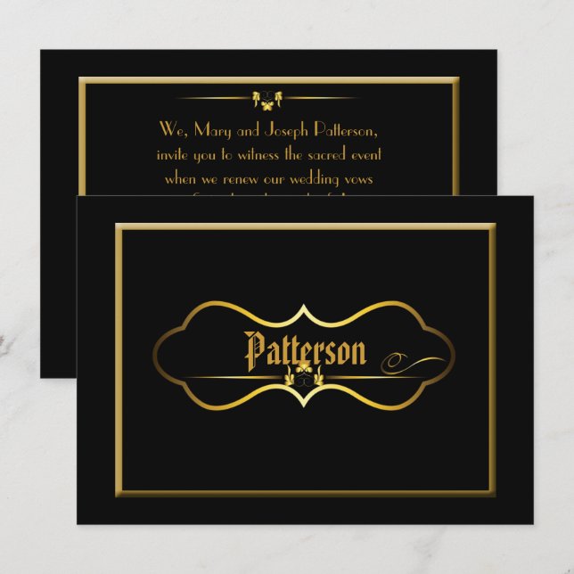 Invitation Renouvellement Vow Mariage noir et or (Devant / Derrière)
