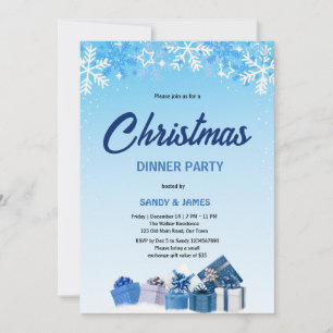 Invitation repas de Noël bleu cadeaux boules 