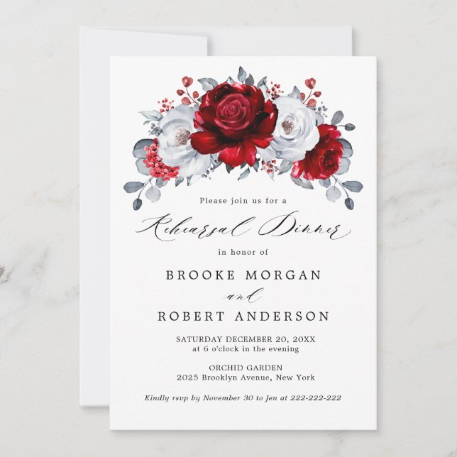 Invitation Repas Royal Rouge Blanc Argent Métallique Dîner de (Devant)
