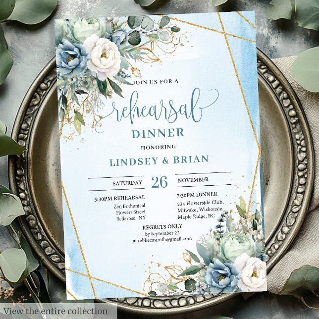 Invitation Répétition classique Dusty Blue Greenery (Classic Dusty Blue Greenery Gold Frame Rehearsal Invite)