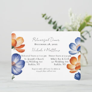 Invitation Répétition de dîner floral orange et bleu cobalt