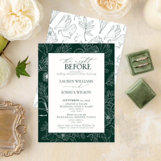 Invitation Répétition de mariage florale vert émeraude élégan (Créateur téléchargé)