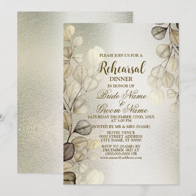 Invitation Répétition Diner Partie Aquarelle Or Eucalyptus (Devant / Derrière)