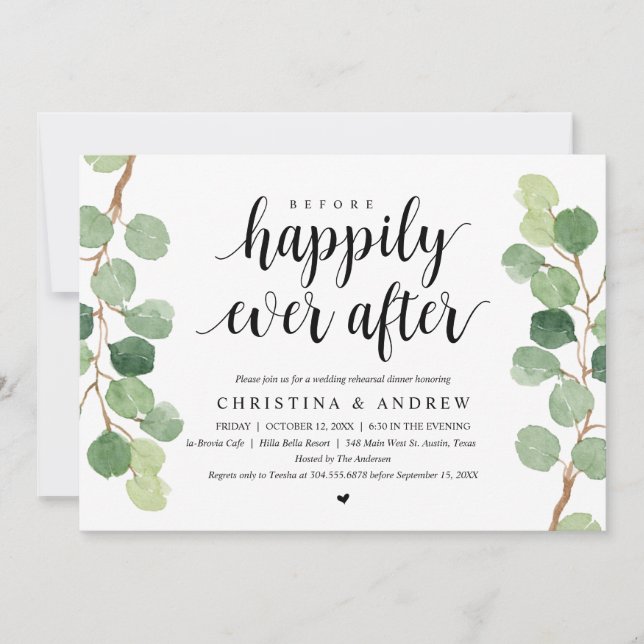 Invitation Répétition du diner de mariage. Eucalyptus vert (Devant)