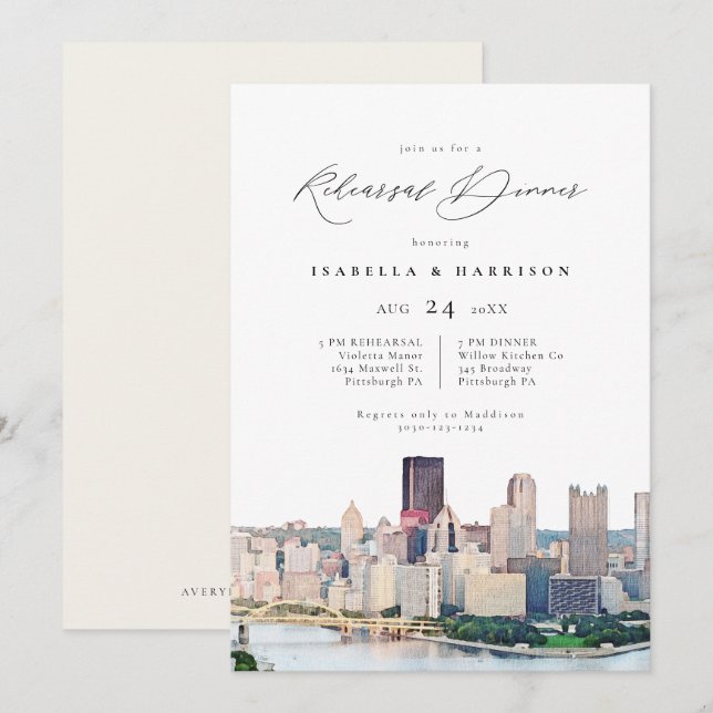 Invitation Répétition du Mariage de la ligne Skyline Pittsbur (Devant / Derrière)