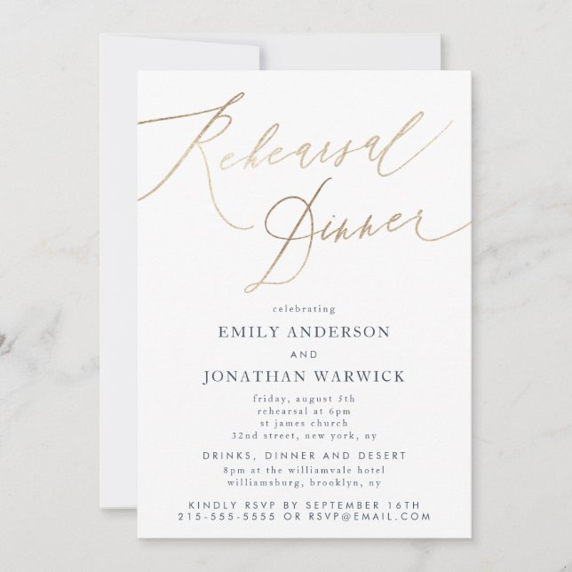 Invitation Répétition du Mariage Gold & Navy Blue Calligraphy (Devant)