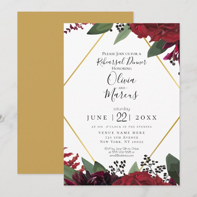 Invitation RÉPÉTITION  | Élégante riche florale bordeaux mars (Devant / Derrière)