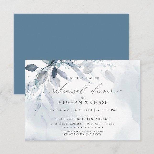 Invitation Répétition en aquarelle Dusty Blue Foliage (Devant / Derrière)