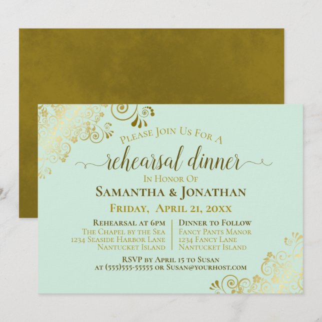 Invitation Répétition et dîner Mariage Gold & Neo Mint Green (Devant / Derrière)