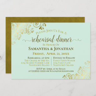 Invitation Répétition et dîner Mariage Gold & Neo Mint Green