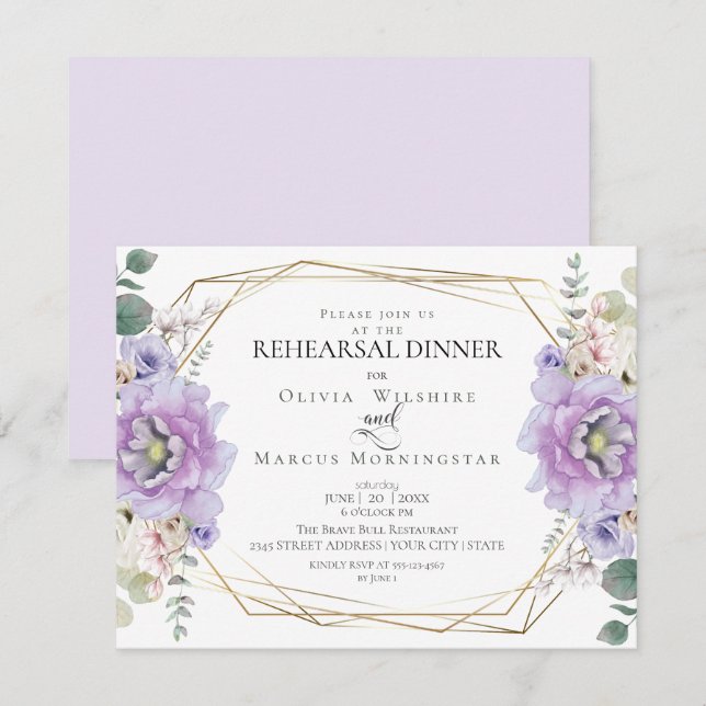 Invitation Répétition mariage | Aquarelle Peonies Lavender (Devant / Derrière)