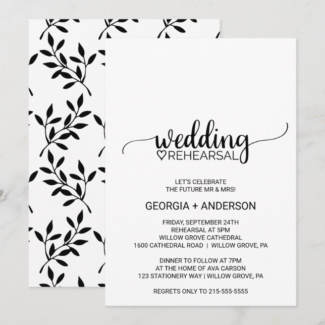 Invitation Répétition Mariage de calligraphie noire simple (Devant / Derrière)