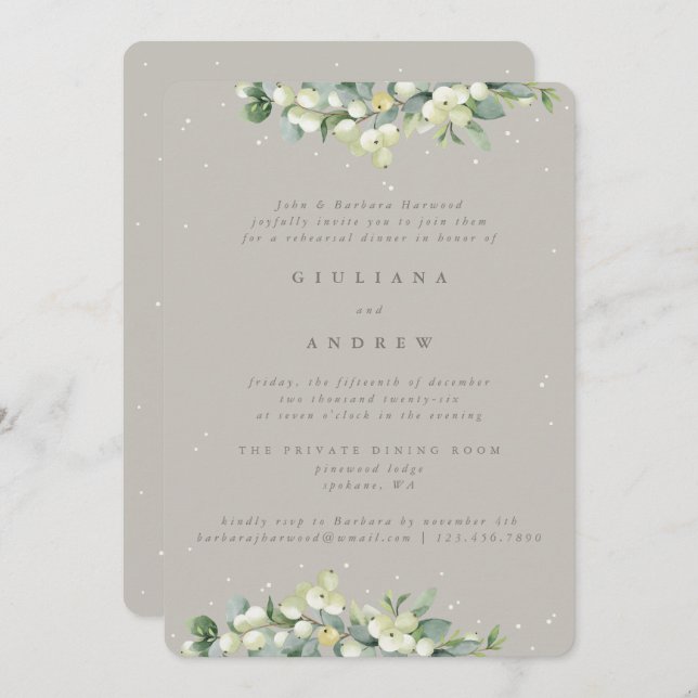 Invitation Répétition Mariage Greige Snowberry+Eucalyptus (Devant / Derrière)