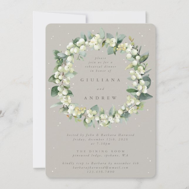 Invitation Répétition Mariage Greige Snowberry+Eucalyptus (Devant)
