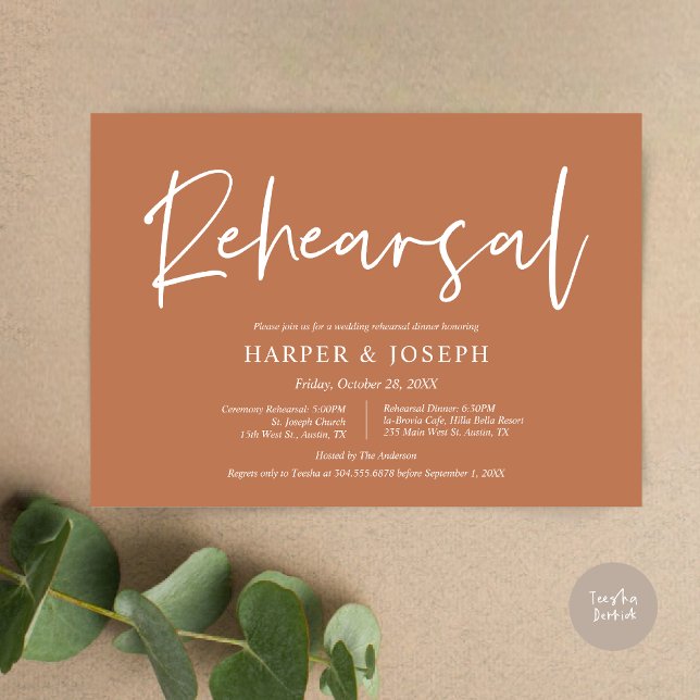 Invitation Répétition Mariage moderne et dîner, rouille de cu (Wedding Rehearsal and Dinner Invitation Card, PDF, Modern Minimalist Elegant, in Copper Rust)