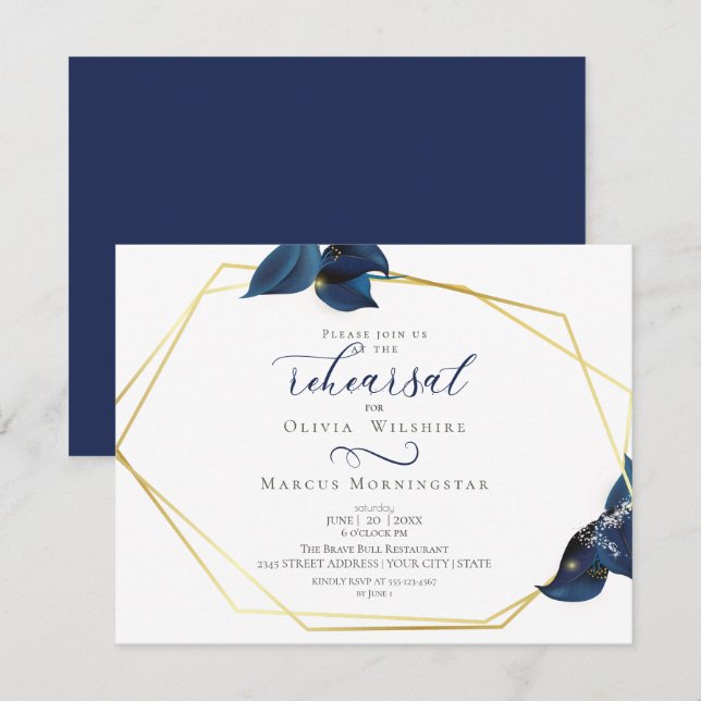 Invitation Répétition | Moderne Deep Indigo Bleu et Or (Devant / Derrière)