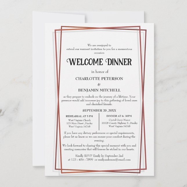 Invitation Répétition Rose géométrique Gold Frame Dîner de bi (Devant)
