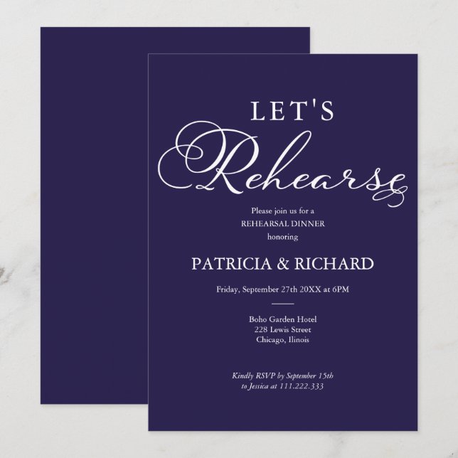 Invitation Répétons un dîner de répétition bleu élégant de la (Devant / Derrière)