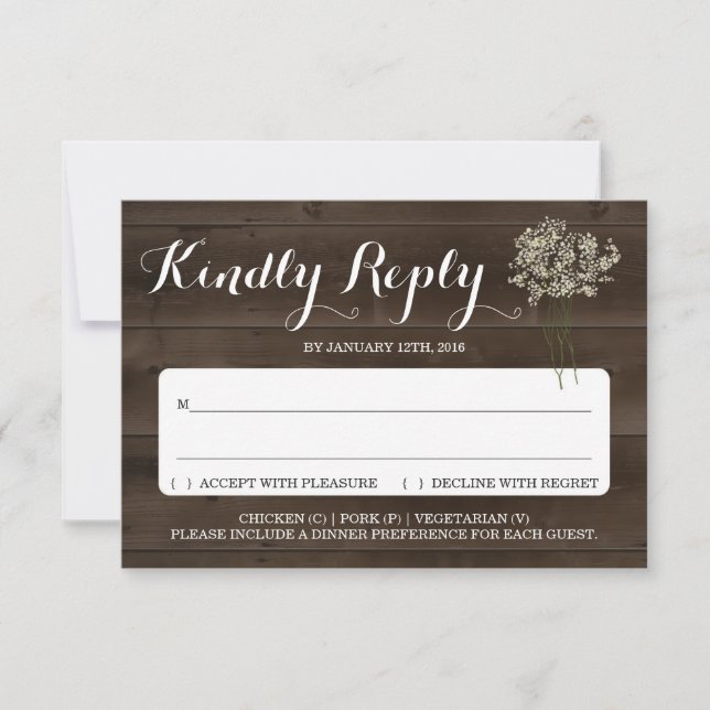Invitation Reply Card Insert | Rustic Babys Breath (Front)