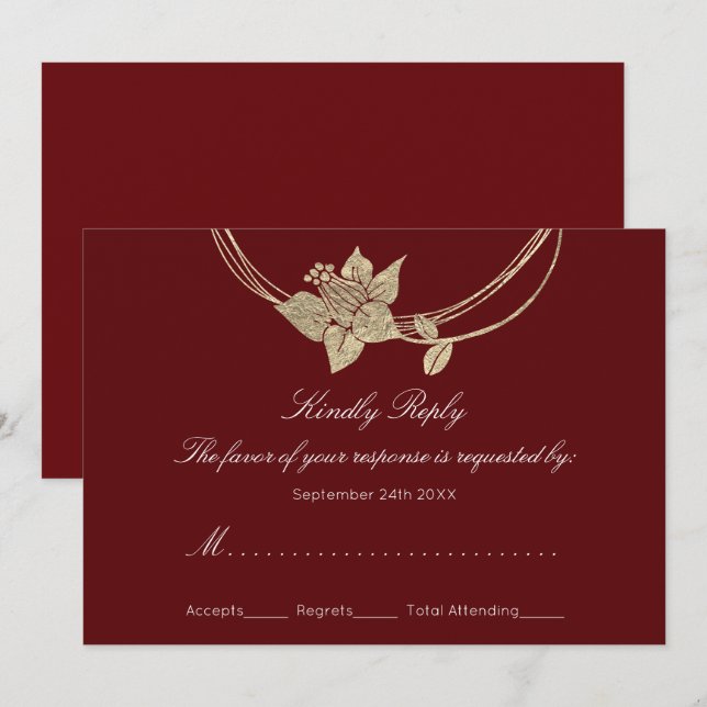 Invitation Réponse Burgundy Marron Or Couronne Fleurie Mariag (Devant / Derrière)