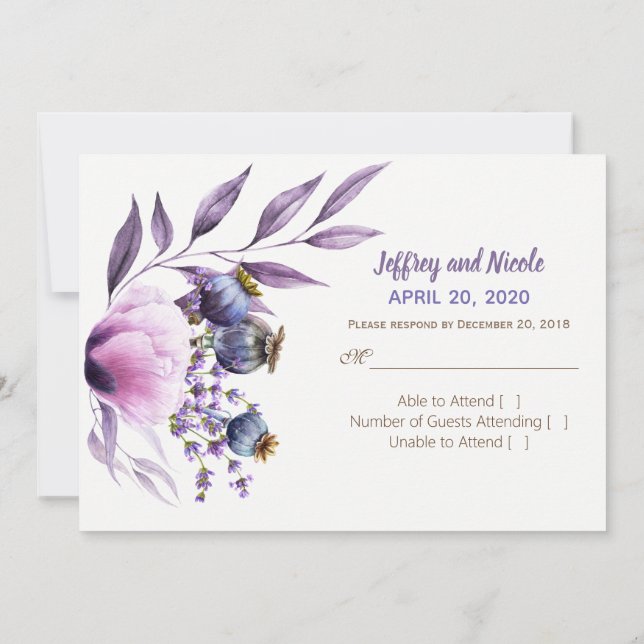 Invitation Réponse de mariage à l'aquarelle Lavande et Pavot (Dos)