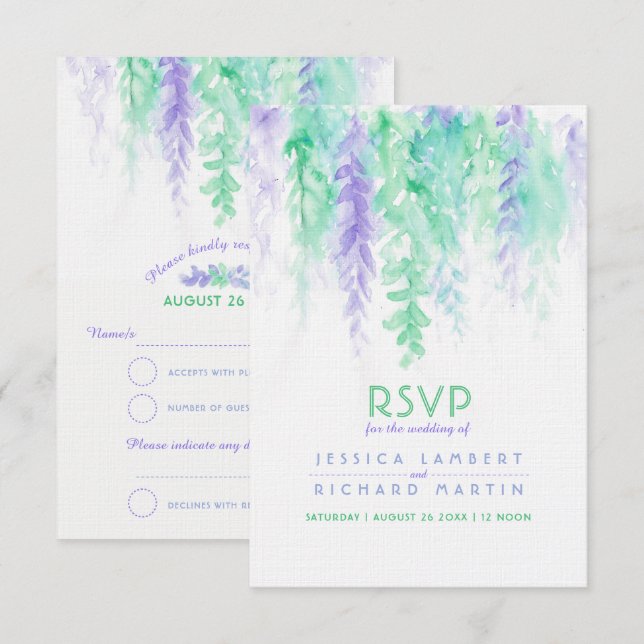 Invitation Réponse de mariage aquarelle vert cascade pourpre (Devant / Derrière)