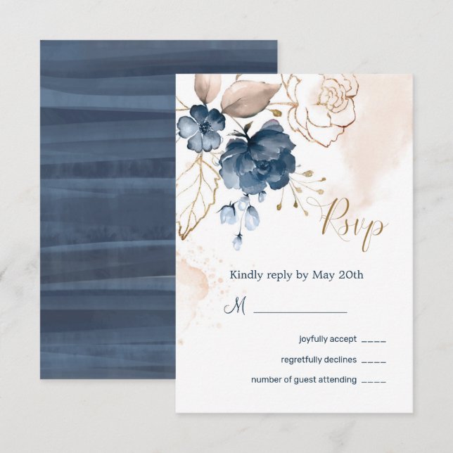 Invitation Réponse de mariage bleu marine et or floral (Devant / Derrière)