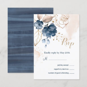 Invitation Réponse de mariage bleu marine et or floral