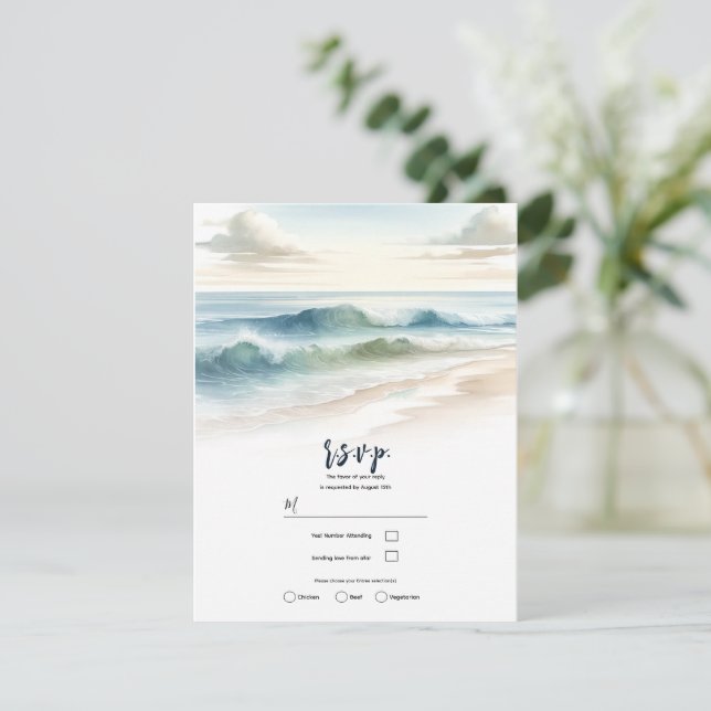 Invitation Réponse de mariage côtier rustique aux vagues de p (Debout devant)