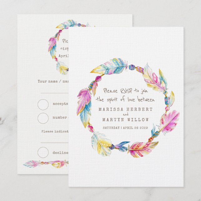 Invitation Réponse de mariage couronne de fleurs boho plume t (Devant / Derrière)