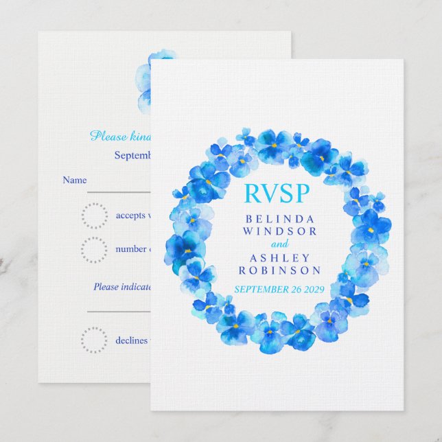 Invitation Réponse de mariage couronne de fleurs pensée bleu (Devant / Derrière)