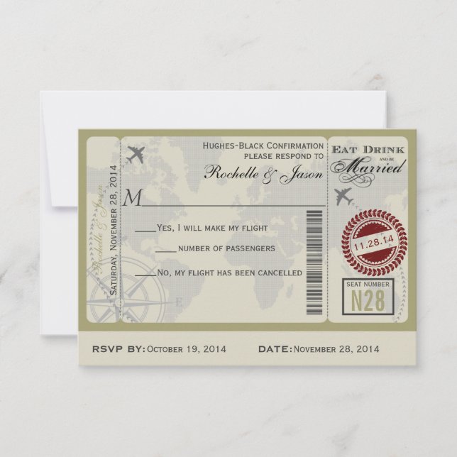 Invitation Réponse de mariage de billet de compagnie aérienne (Devant)