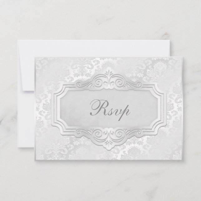 Invitation Réponse de Mariage Élégant en Argent Damassé (Devant)