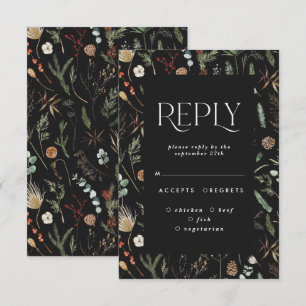 Invitation Réponse de mariage élégante florale botanique noir