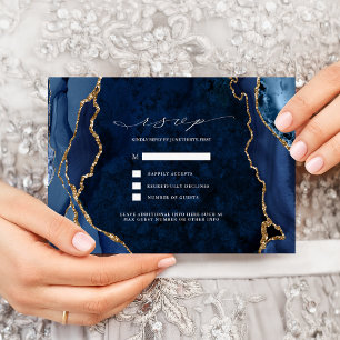 Invitation Réponse de mariage en marbre de Navy et agate doré