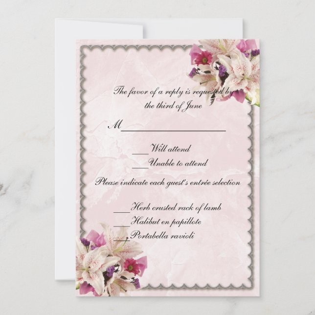 Invitation Réponse de mariage en marbre rose Fleur de Lys bla (Devant)