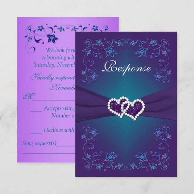 Invitation Réponse de mariage Fleurs de coeur violet sarcelle (Devant / Derrière)