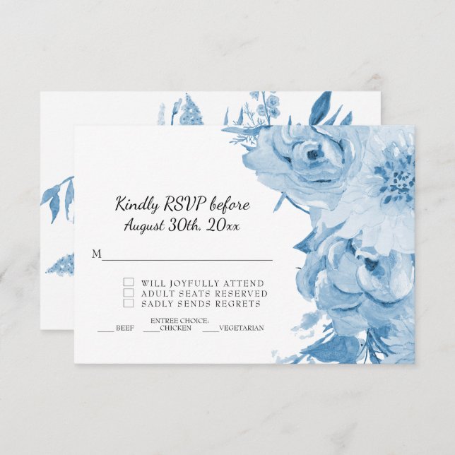 Invitation Réponse de mariage floral aquarelle bleu clair et  (Devant / Derrière)
