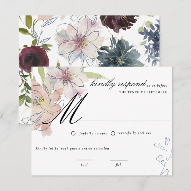 Invitation Réponse de mariage floral ton joyau sombre (Devant / Derrière)